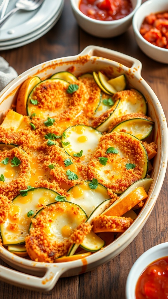 Cheesy zucchini bake with golden topping and fresh parsley, served in a rustic dish.
